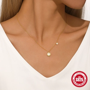 Elegant 925 sterling silver gold necklace with white shell flower pendant and crystal