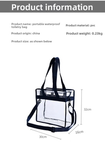 Detail view of large transparent PVC beach bag with durable blue handles and adjustable strap
