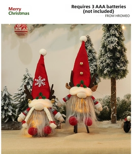 Detail of glowing Christmas gnomes with reindeer antlers and festive lighting decoration