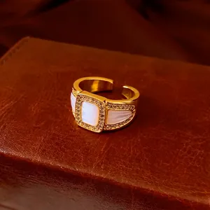 Retro Open Ring Gold Copper With Mother Of Artificial Pearl Rectangular Zircon Geometric Luxury Adjustable Jewelry For Women