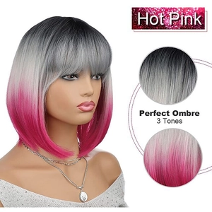 Short Bob wig with bangs in black to pink ombre gradient 3-tone high temperature fiber