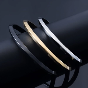 Three-piece minimalist C-shaped stainless steel bracelets in gold, silver and black