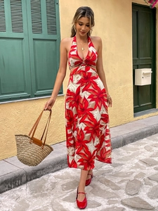 Floral Halter Neck Maxi Dress Polyester Spandex Backless Split Hem Summer Beach Vacation Bohemian Sexy For Women