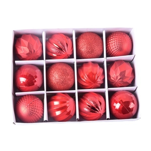 Set of 12 red Christmas ball ornaments with glitter, matte, and spiral textures