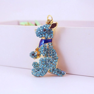 Sparkling blue rhinestone kangaroo mom and baby keychain in polished gold metal finish