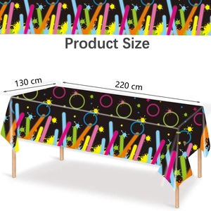 Detailed size guide for 130x220cm navy blue neon graffiti rectangle plastic tablecloth