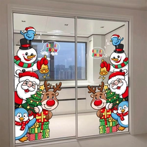 Christmas Window Stickers Static Cling PVC Cartoon Santa Reindeer Snowman Glass Decals For Shop Home Holiday Festive Decor