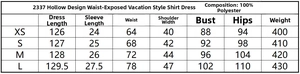 Size chart showing XS to L measurements for the cutout waist holiday maxi dress