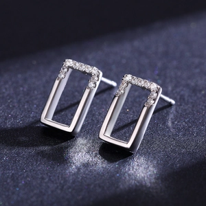 Minimalist S925 sterling silver rectangular stud earrings with small clear cubic zirconia