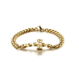 Polished gold stainless steel Cuban chain bracelet featuring a textured cross charm for men