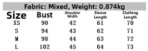 Size chart detail for double-breasted skirt hem blazer showing XS-L measurements