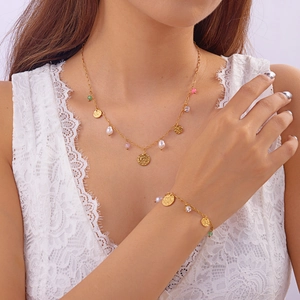 Collier Et Bracelet En Acier Inoxydable Pour Femmes Pièce Ronde Dorée Künstliche Perle Künstliche Perles Colorées Bijoux Vintage Boho