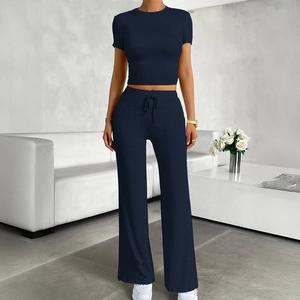 Women's two-piece navy blue casual set with cropped short sleeve top and drawstring pants