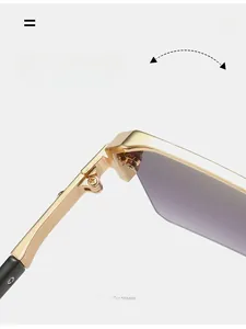 Detail of durable gold metal hinge on square sunglasses with purple gradient lenses