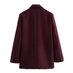 Women's burgundy wool blend blazer with shoulder pads and back seam detail