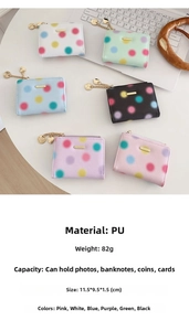 Internal layout showing photo, bill, coin and card slots for colorful polka dot PU wallet
