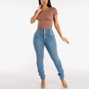 Jean skinny bleu taille haute pour femme avec fermeture à boutons et coupe moulante