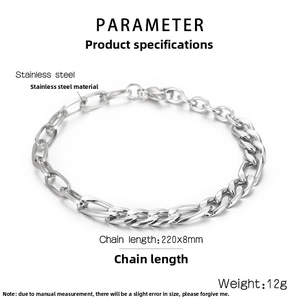 Close-up of Figaro stainless steel bracelet showing 8mm width and 220mm length details