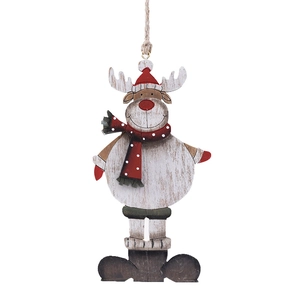 Wooden reindeer Christmas tree ornament with red polka dot hat and scarf on white backdrop