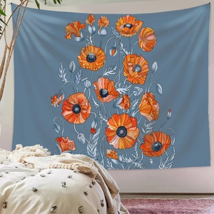 Detailed view of floral tapestry with orange poppies on dark blue fabric backdrop