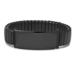 Polished black stainless steel elastic watch band bracelet with a central blank metal plate