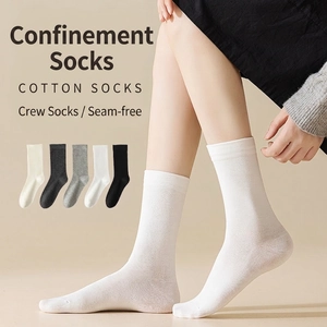 Women Mid Calf Crew Socks Combed Cotton Ribbed Knit Seamless Toe Sweat Absorbent Solid Color Soft Casual Hosiery
