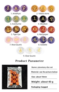 Solar system planet symbols engraved on natural stones set including amethyst and topaz