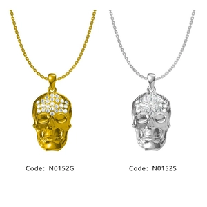 Détail de pendentifs tête de mort hip hop en or et argent avec pavé de cristaux brillants