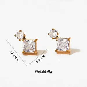 Stainless steel jewelry set with square zircon pendant earrings showing dimensions and weight