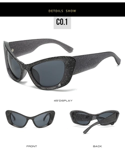 Three-angle views of oversized cat-eye sunglasses with glitter finish and dark gray lenses