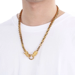 Men's retro gold dragon head Byzantine chain necklace in stainless steel