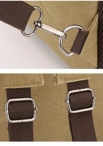Detail of khaki canvas backpack with silver metal hooks and brown adjustable straps