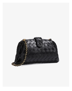 Elegant black woven leather shoulder bag with gold chain strap for women, classic chic style.