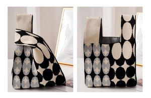 Detail of knitted knot bag showing geometric patterns and woven texture in grey and white