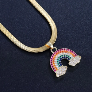 Golden snake chain necklace with rainbow pendant featuring colorful zircon and cloud detail