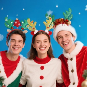Three festive Christmas antler headbands with sequins and pompoms for party decoration