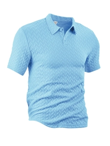 Detail of light blue Polo shirt featuring breathable jacquard fabric and M size tag