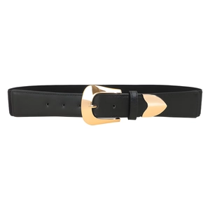 Women's black PU leather belt with oversized gold geometric buckle on white background