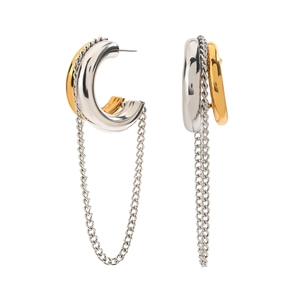 Two-tone 18K gold and silver stainless steel C-shaped earrings with tassel chain details