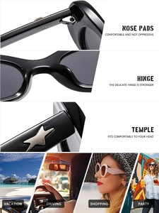Detail of oval sunglasses with silver star decor and versatile lifestyle usage scenes