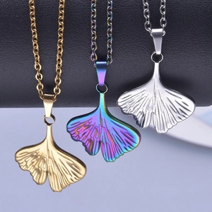 Ginkgo leaf pendant necklace in gold, silver and iridescent finish stainless steel
