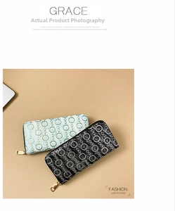 Detail of long PU leather wallets with interlocking chain pattern and gold zipper closure