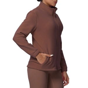 Women's brown fleece zip-up sports jacket with stand collar and side pockets for yoga