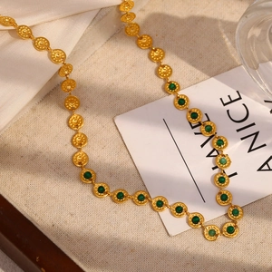 Vintage 18K gold plated stainless steel necklace with round green stones and circle links