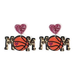 Pink glitter heart earrings with basketball MOM leopard print pendants for Mother's Day
