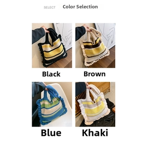 Detail showing four colors of striped knitted tote bags with wavy pleated edges and handles