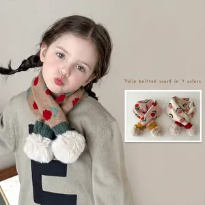 Kids Knit Scarf Winter Warm Floral Jacquard Neck Warmer With Faux Fur Pom Poms For Toddler Girls Boys