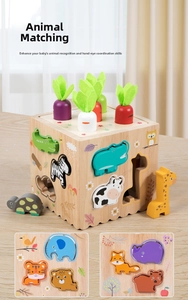 Detailed wooden Montessori toy box with animal shape matching and carrot harvest activity