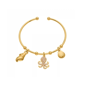 Gold ocean themed open bracelet with seashell, octopus and scallop crystal charms
