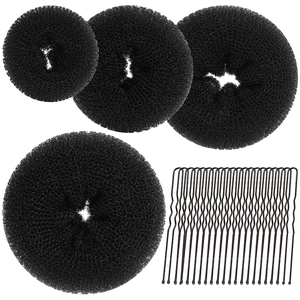Detail of 4 black hair donut bun makers and 20 metal U-shaped hair clips hair styling set